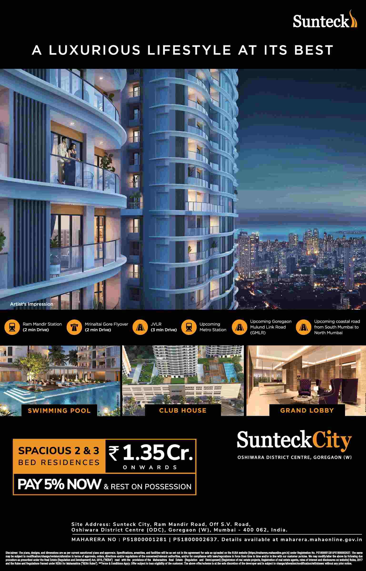 Pay 5% now and rest on possession at Sunteck City in Goregaon West, Mumbai
